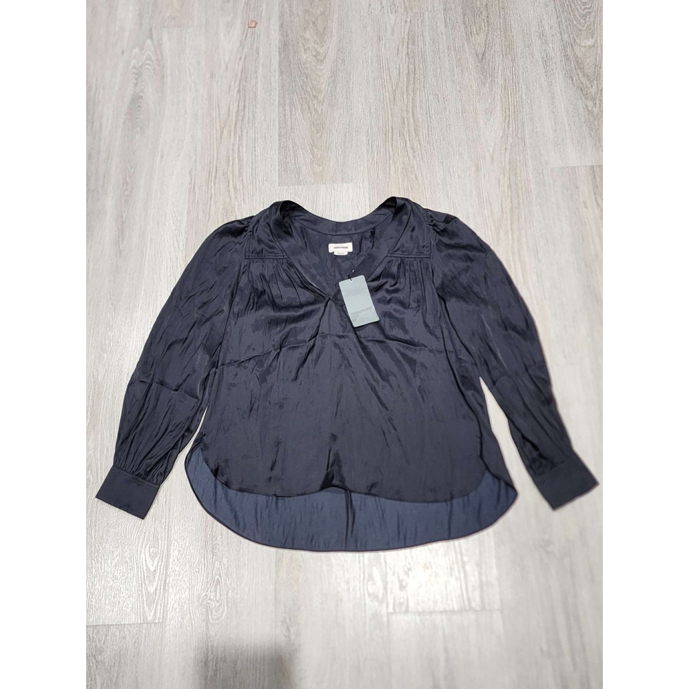 Zadig & Voltaire Telia Satin Blouse XS Black Long Sleeve V-Neck Button Cuff New